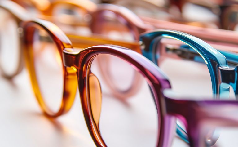Multiple glasses frames of various colors are displayed. 