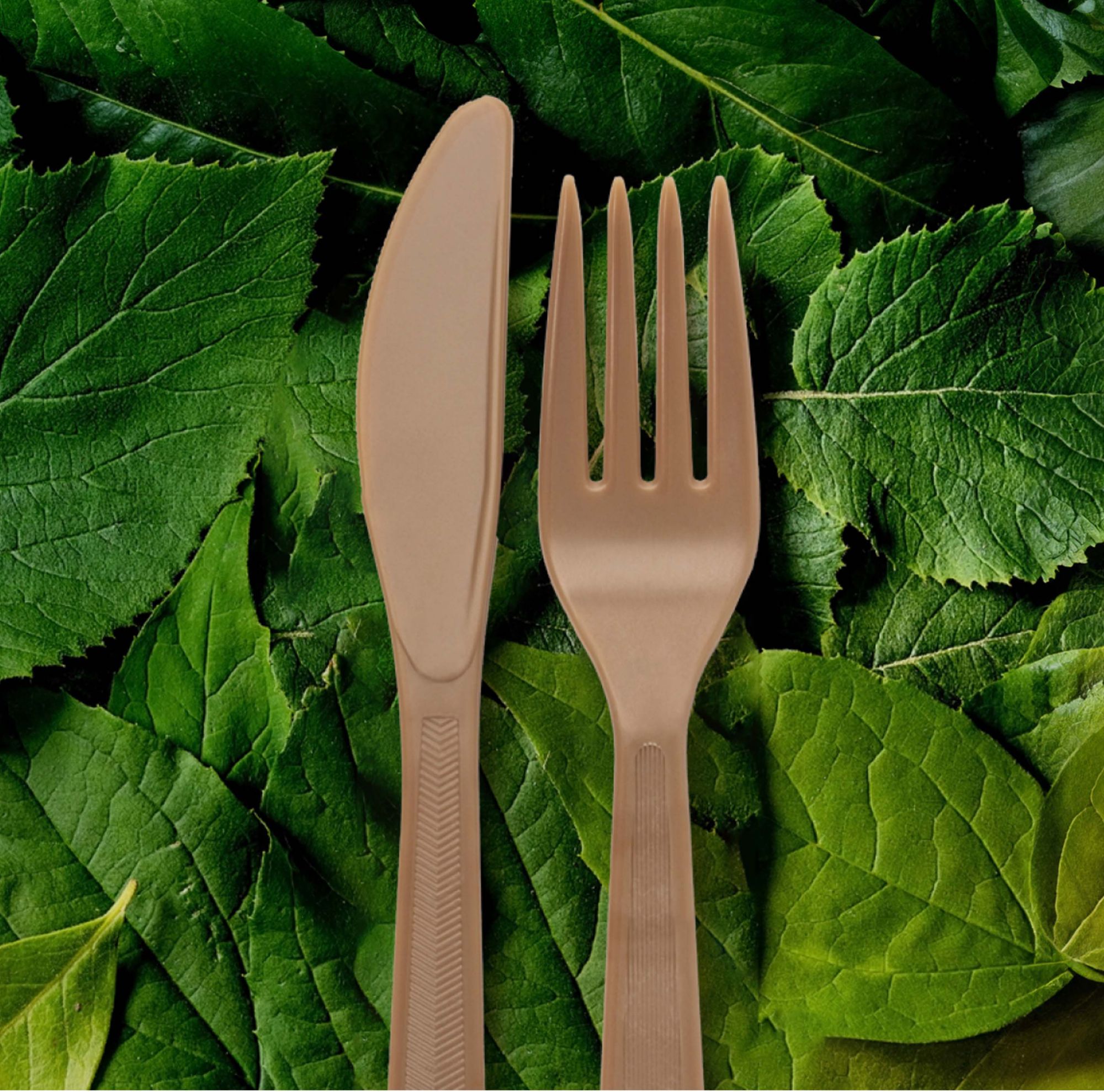 A disposable fork and knife made with Eastman Aventa compostable materials. 