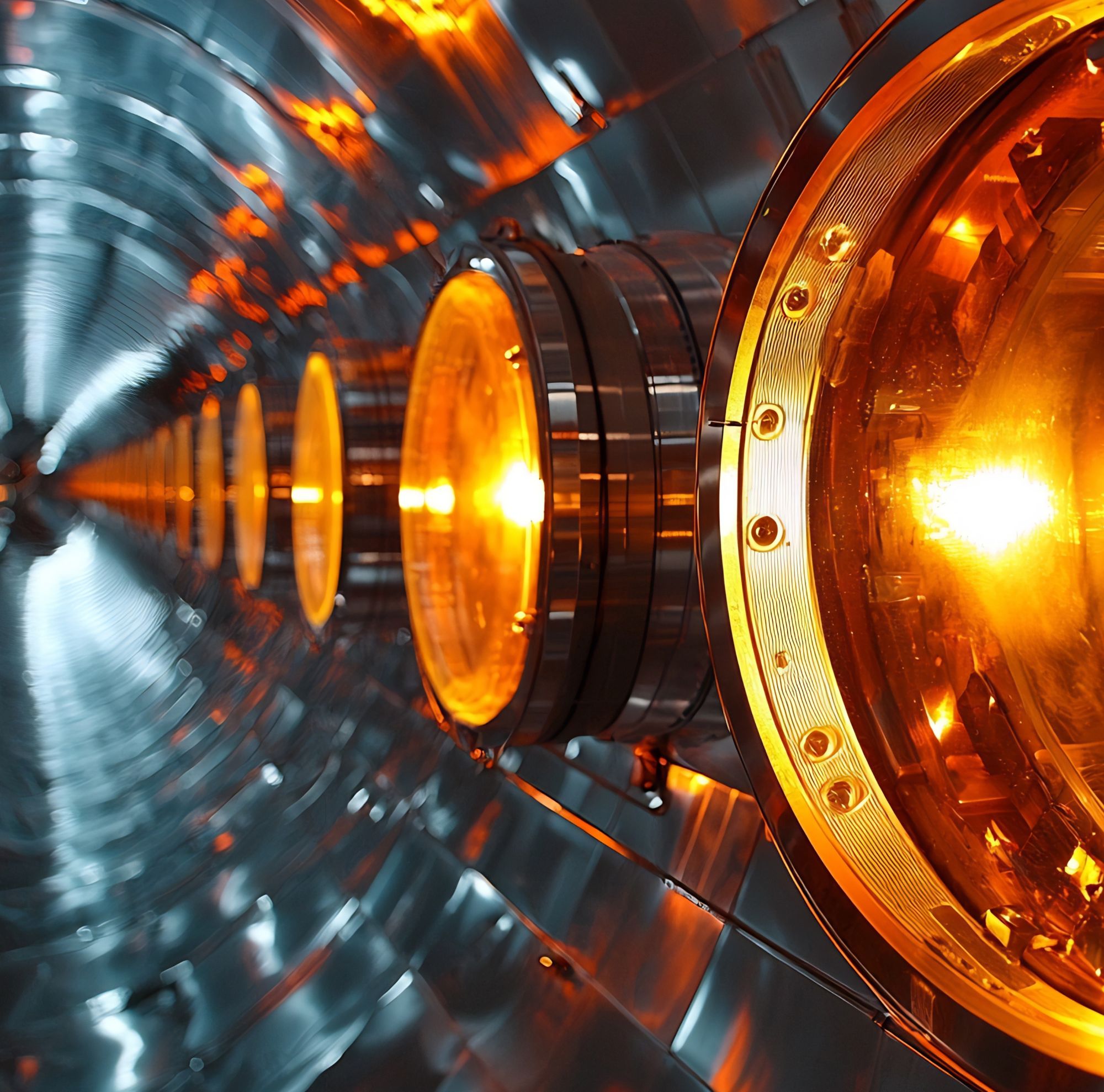 A solar-powered metal tunnel illuminated by orange lights. 