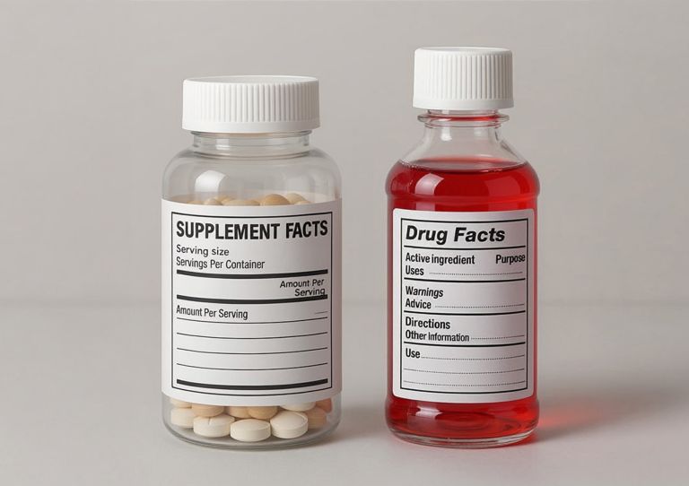 Two plastic medicine bottles, one with tablets and one with liquid. 