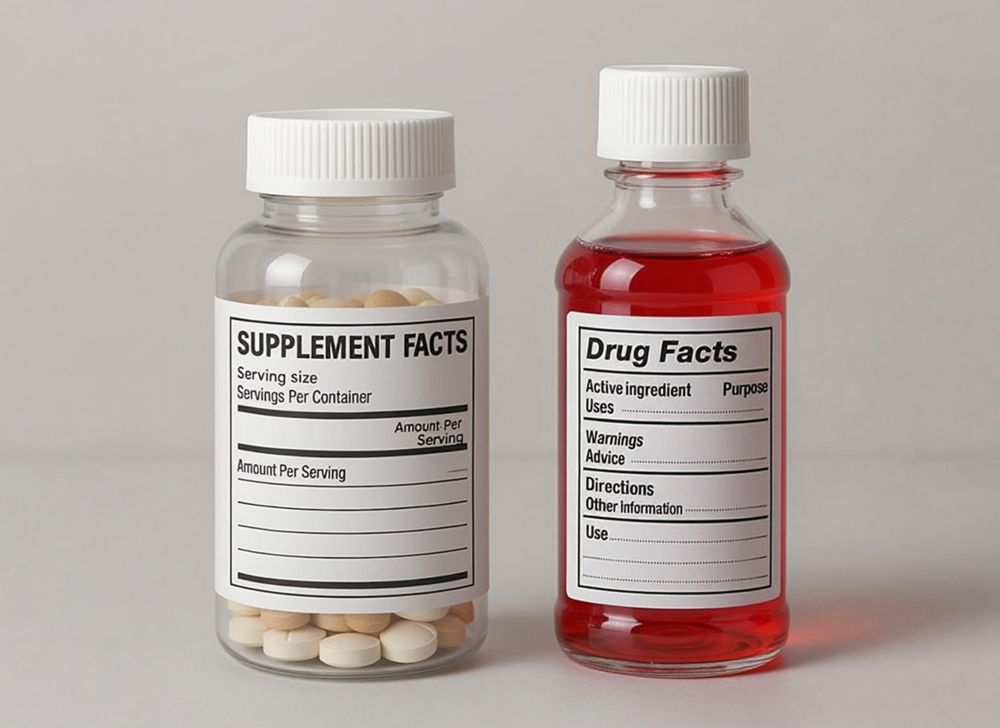 Clear bottles containing medication: one with solid pills and one with red liquid. 