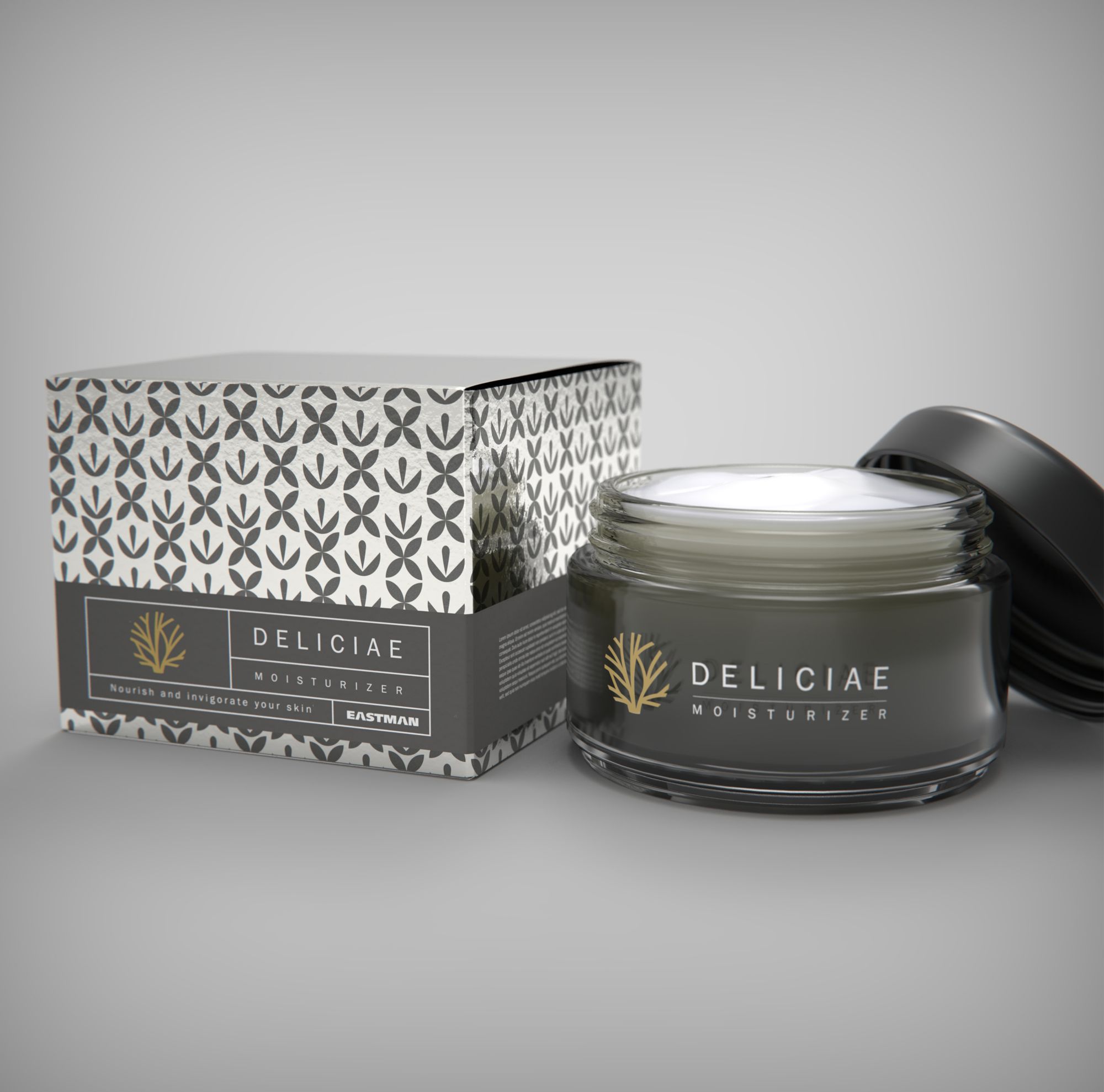 An open gray jar of white cosmetic cream sits next to its box, which is gray and white. 