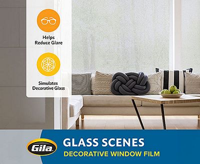 Feature graphic showing how Gila decorative film reduces glare and simulates textured glass.