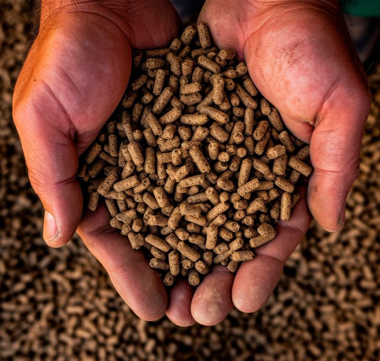 Cupped hands hold chicken feed pellets.   