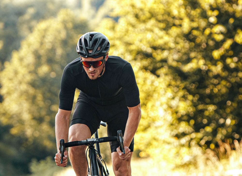 A cyclist wearing polarized sunglasses. 