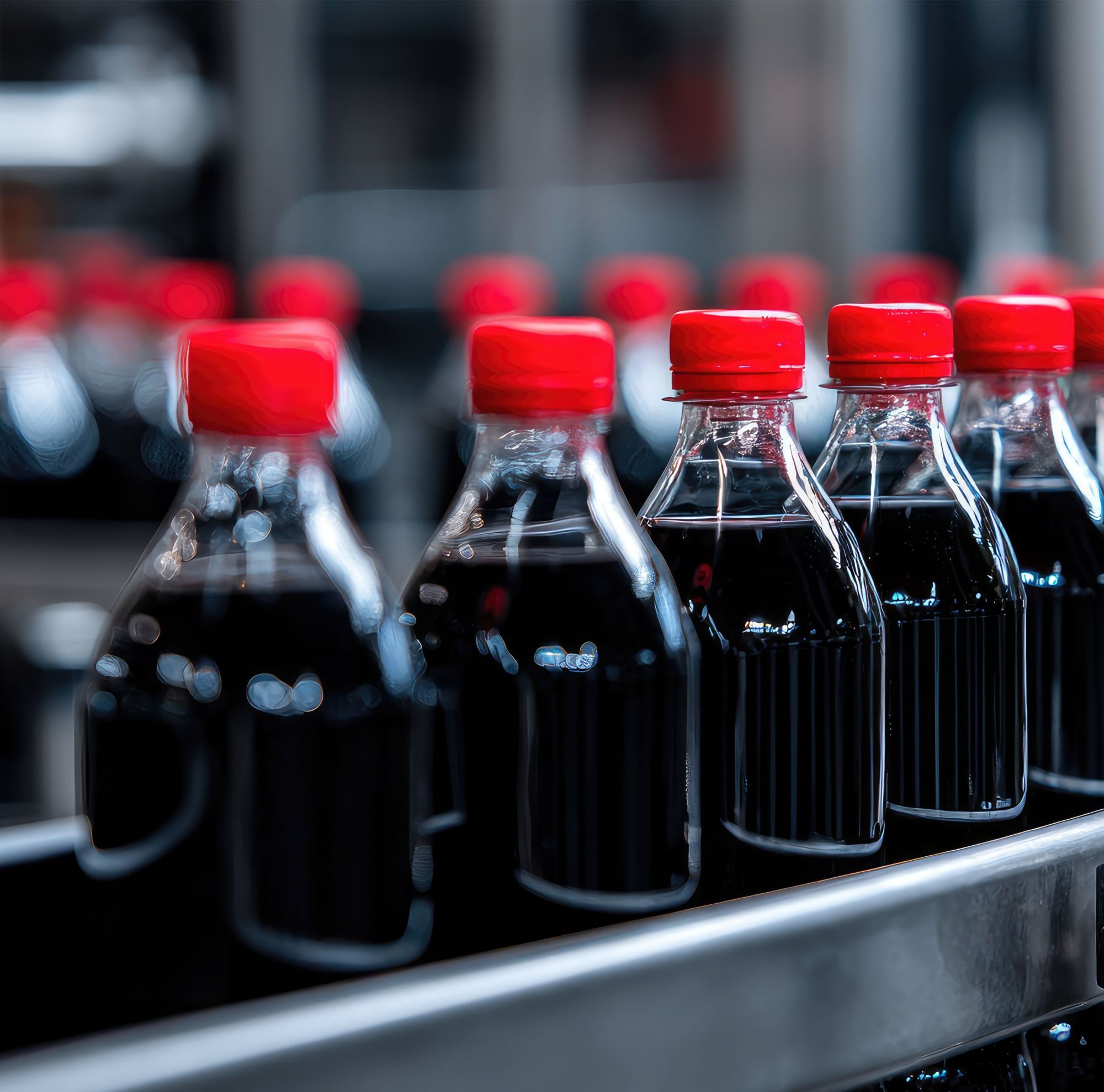Conveyor belt of plastic bottles filled with dark brown soda.   