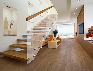 Película decorativa concede profundidade e textura à escadaria da casa 