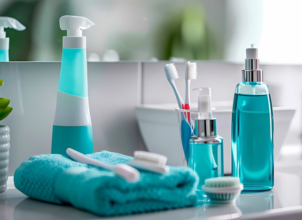 A variety of oral hygiene products displayed on a counter. 