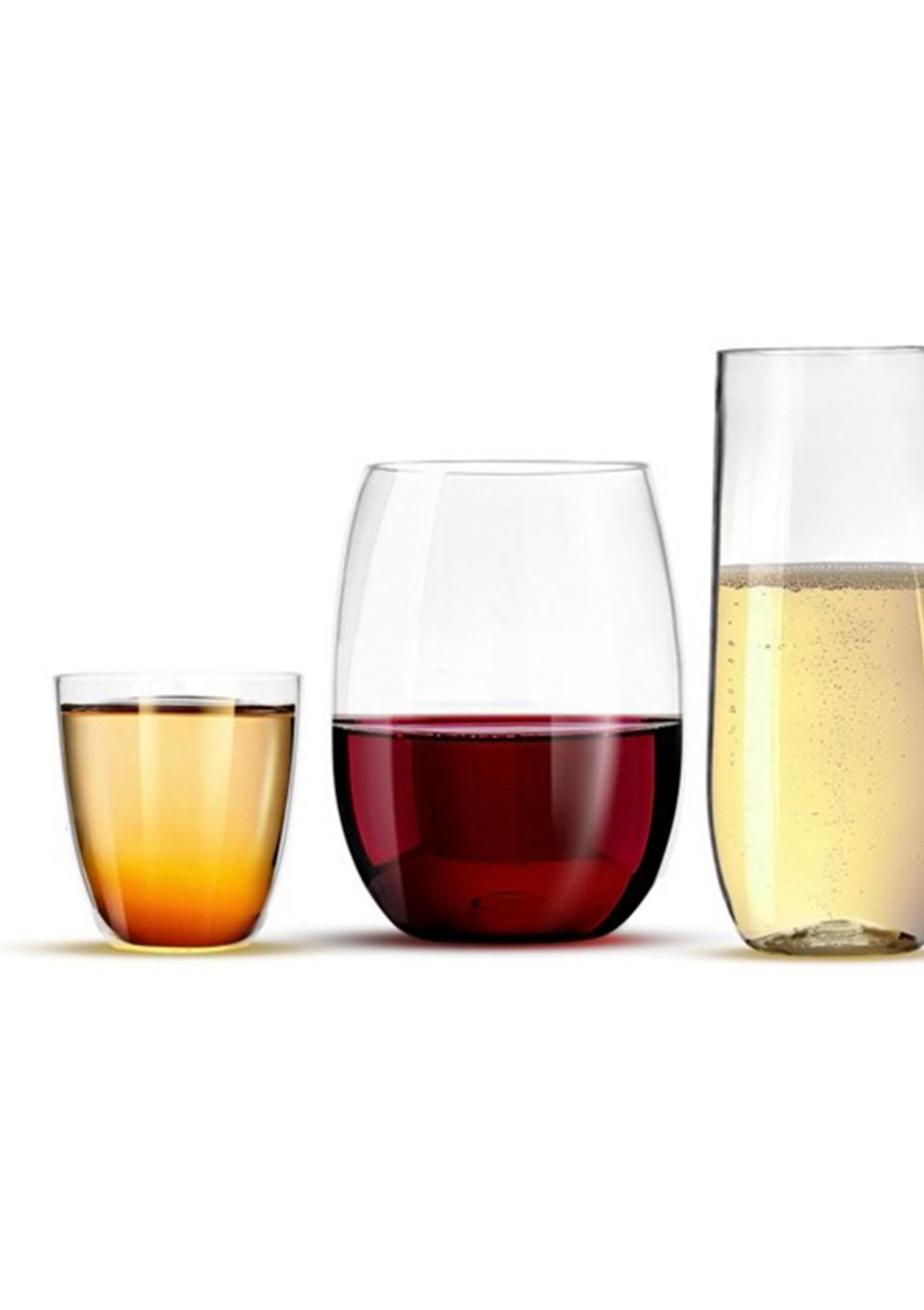 A Rowdy Crowd beer schooner, wine glass and a champagne flute made from Tritan copolyester, all filled with drinks.  