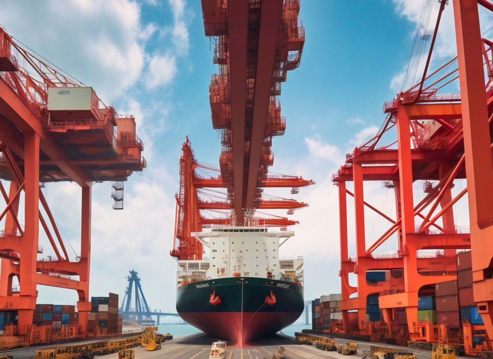 A large container ship is docked, surrounded by shipping containers and red scaffolding. 