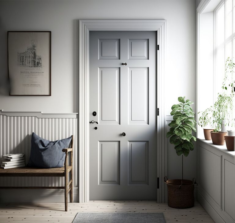 A stylish, white door with decorative molding in a white room. 