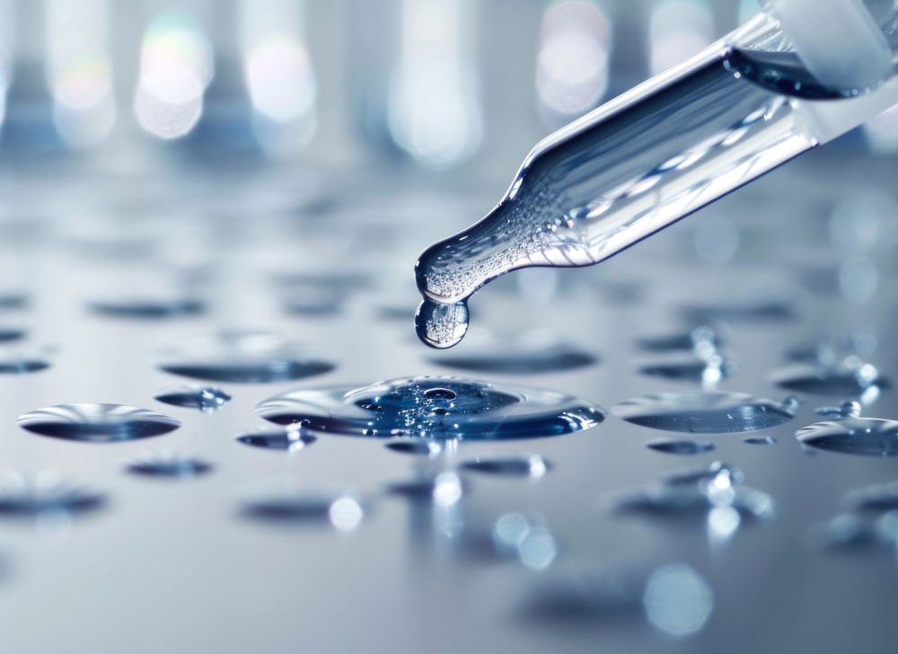 A pipette puts liquid droplets onto a surface. 