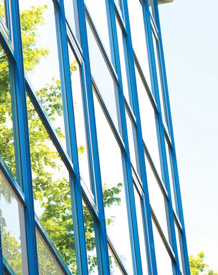 Exterior glass building facade reflecting green trees. 