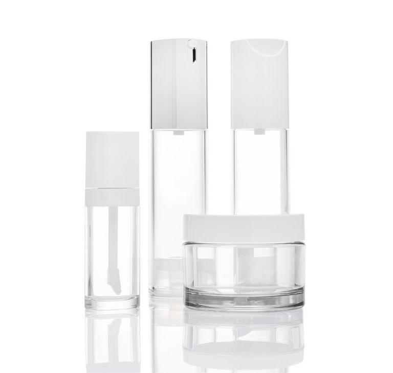 Cosmetic packaging, including airless pumps, lip gloss tubes and wide-mouth jars, made from Eastman Eastar copolyester. 