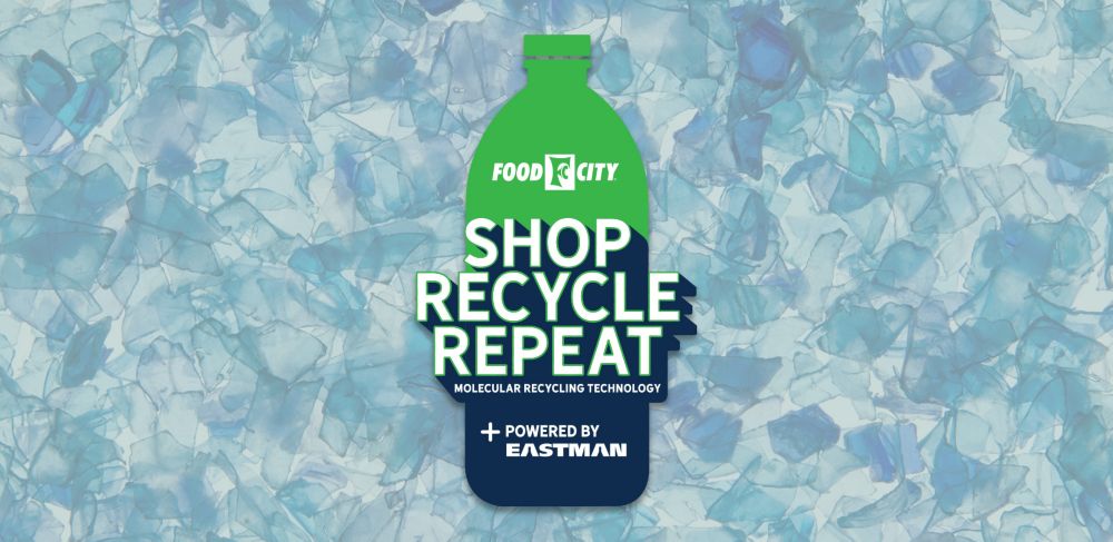 Logo for Food City “Shop, Recycle, Repeat” program, powered by Eastman molecular recycling. 