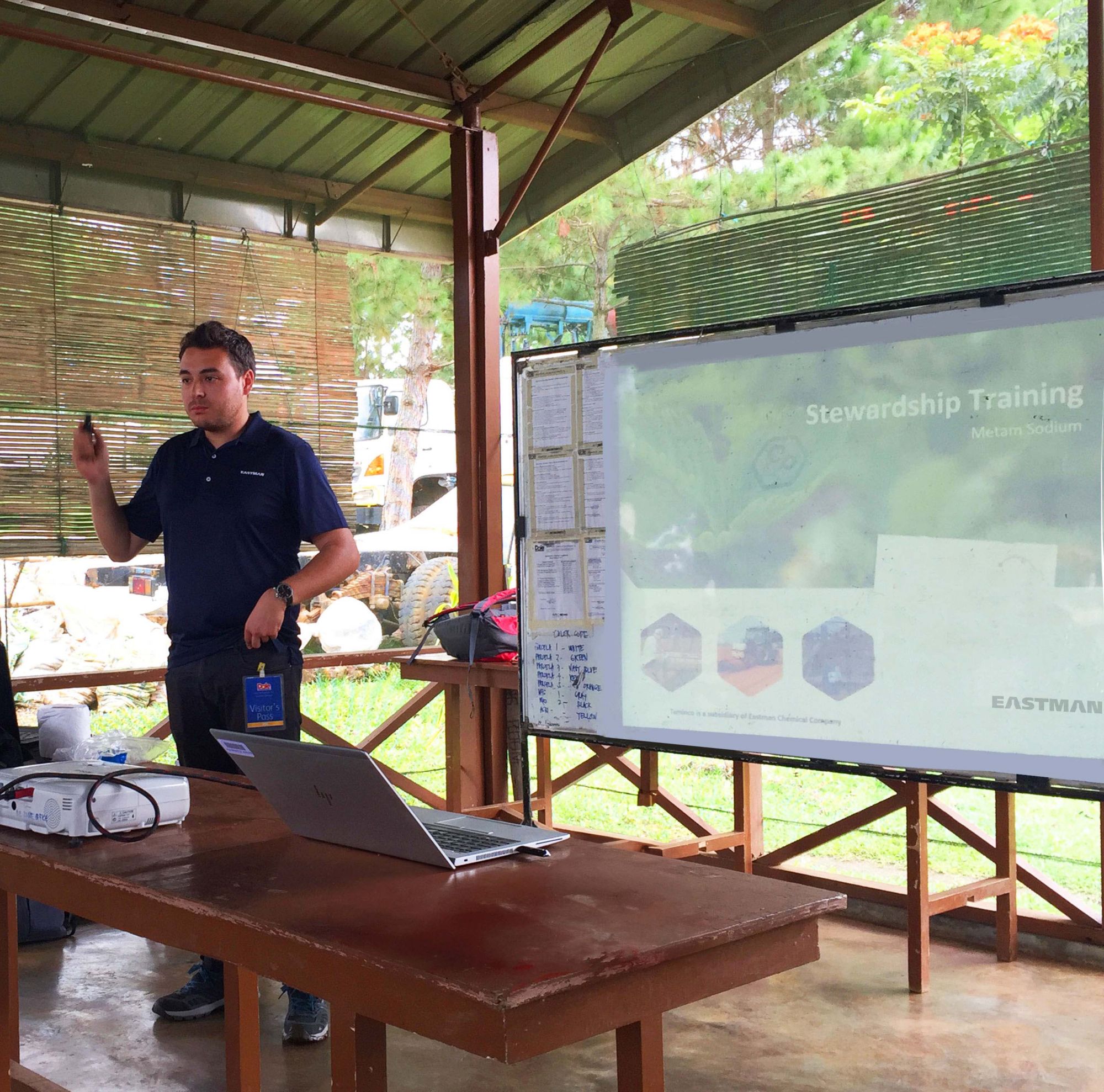 An Eastman employee delivering a Nemasol stewardship training presentation. 