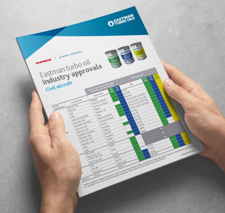 A person holds a chart showing Eastman turbo oil industry approvals. 
