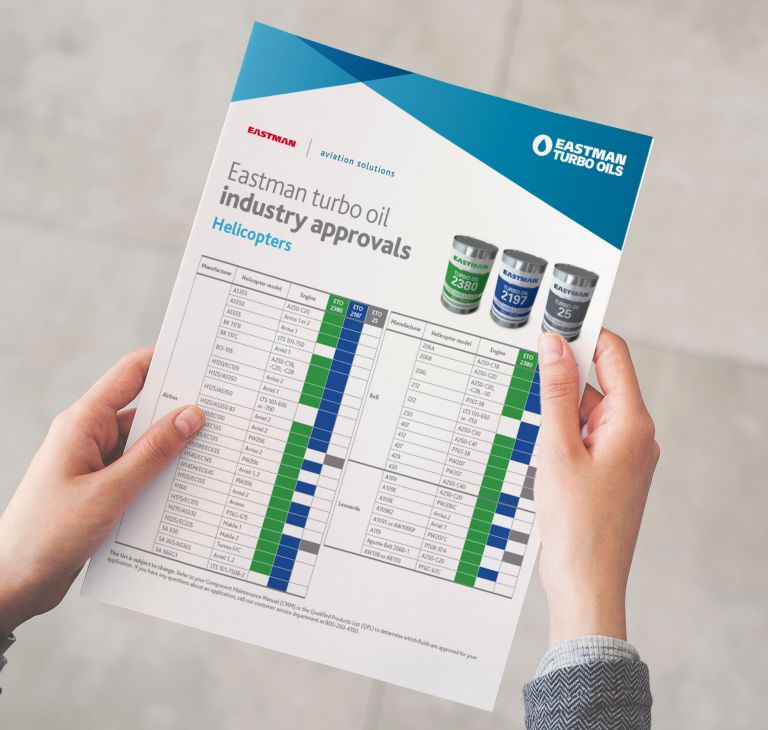 A sheet lists Eastman turbo oil industry approvals for helicopters. 