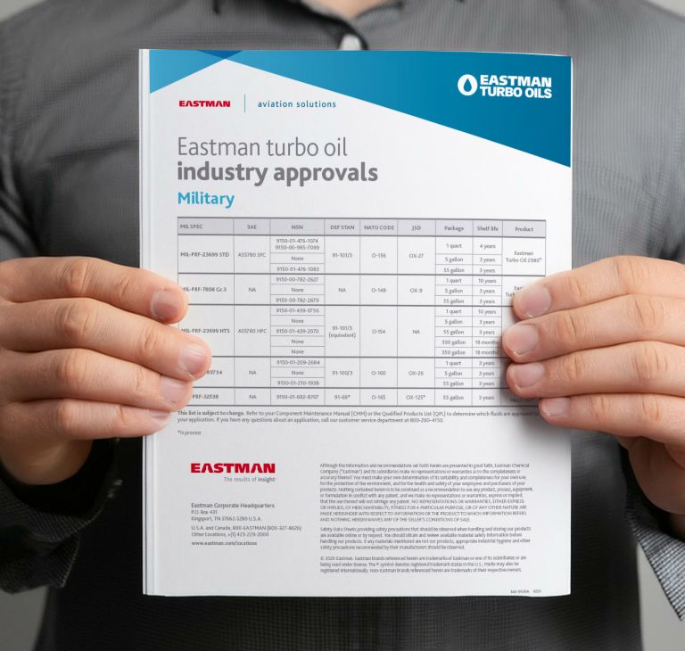 A person displays Eastman turbo oil industry approvals for military uses. 