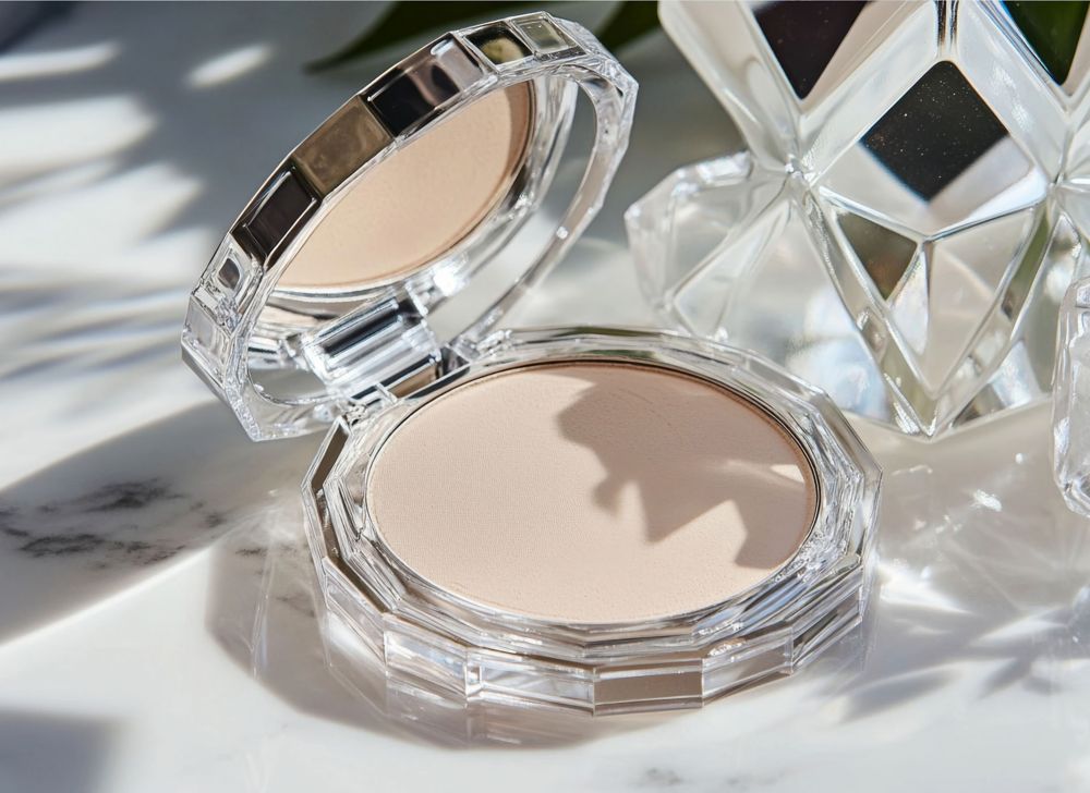Clear faceted, face powder compact made from Eastman Cristal.  
