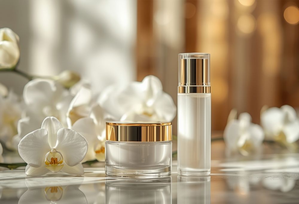 Cosmetic jar and bottle set in front of white orchid. 