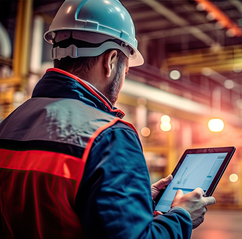 A man uses a tablet in an industrial plant.  