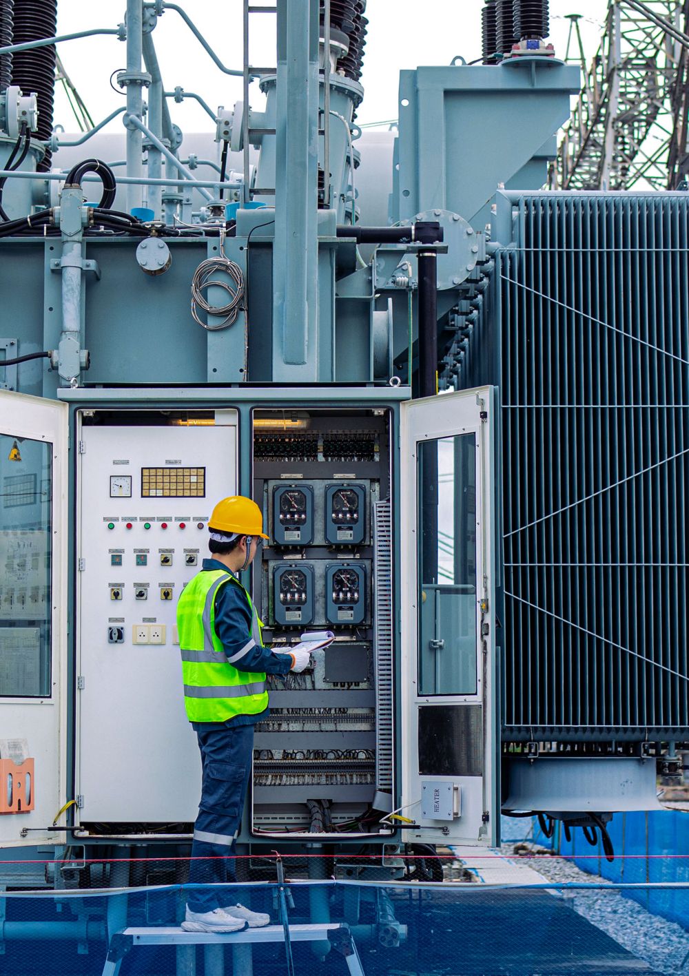 Engineer performs inspection on large transformer at electrical substation wearing safety gear and yellow helmet. 