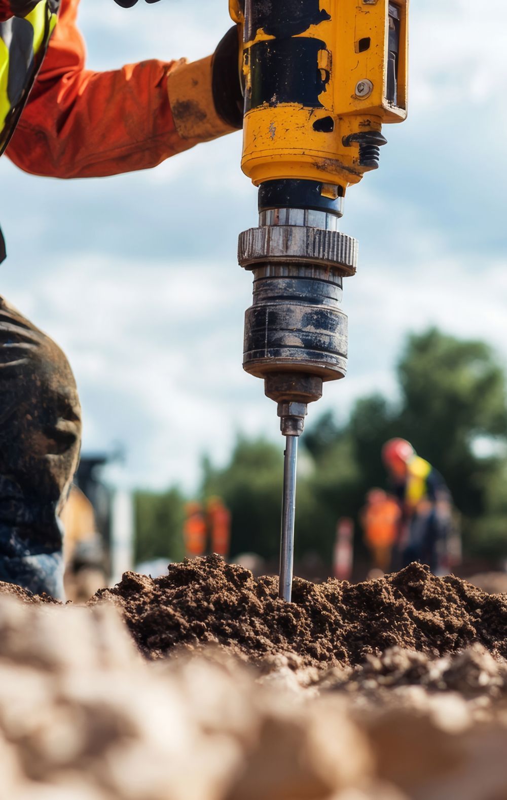 A person drills into the ground.  