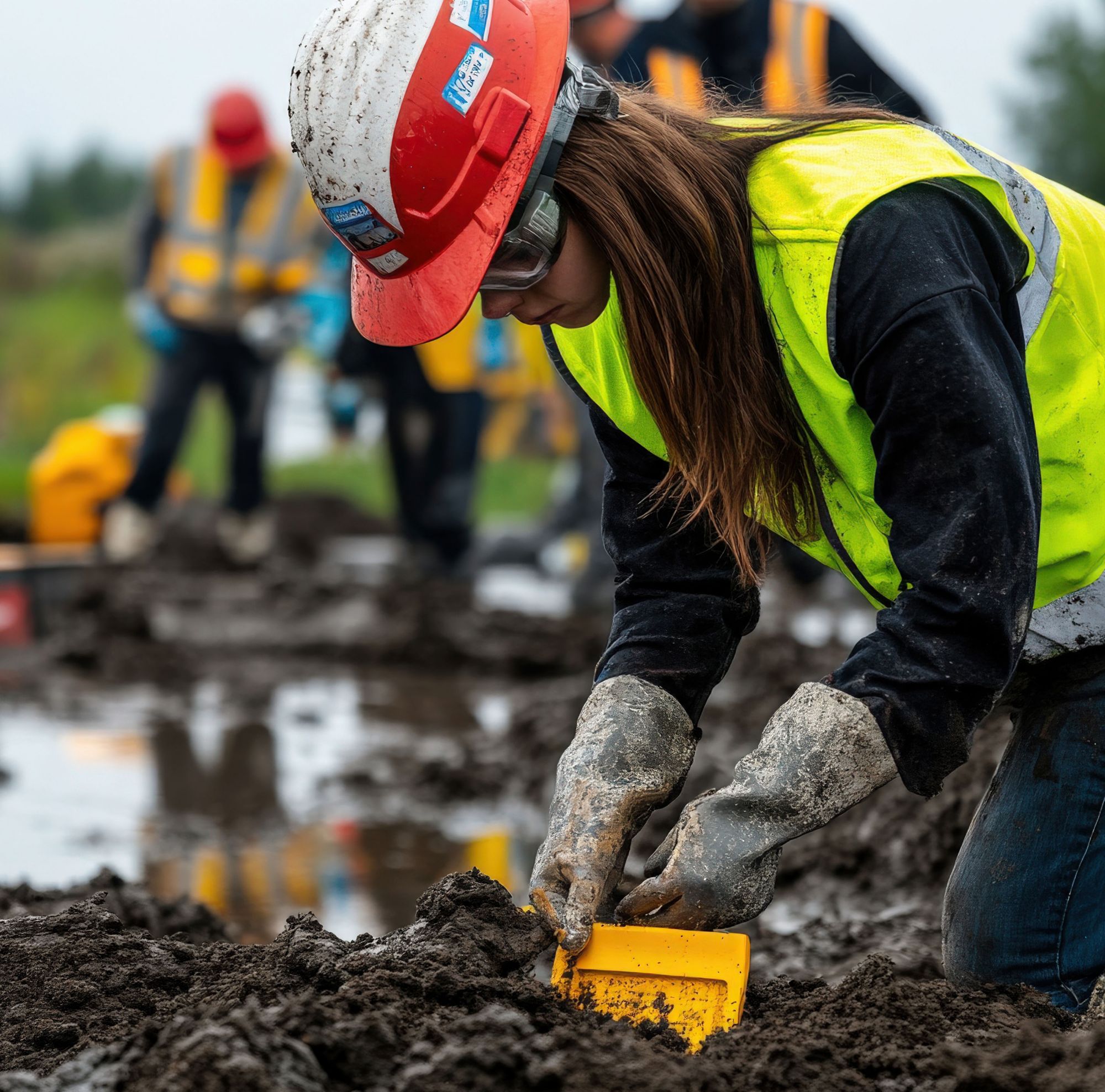 A person samples soil.  