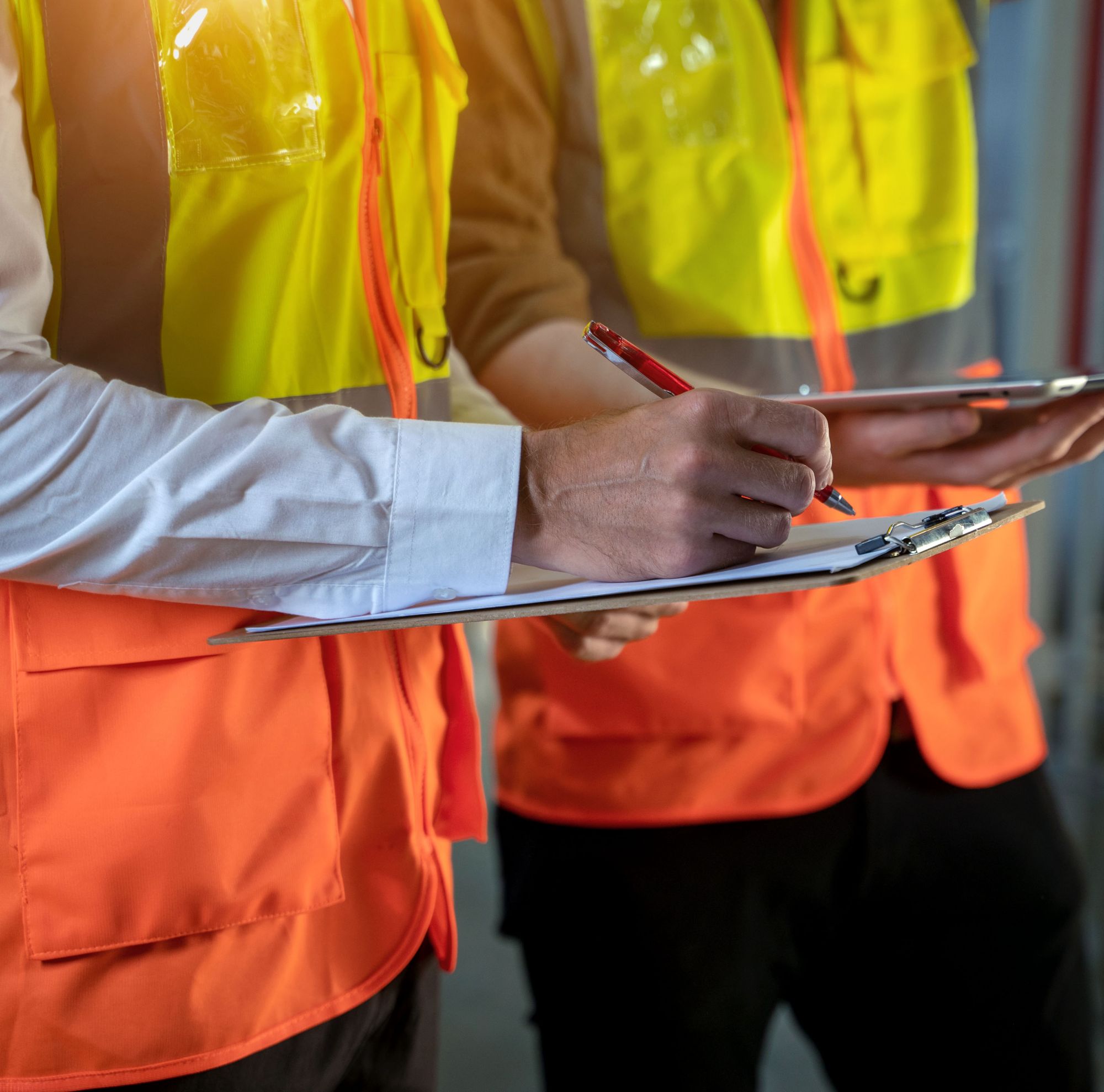 Two engineers going over project details. 