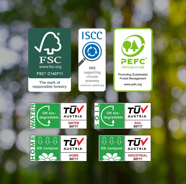 Various certification graphics, including FSC, ISCC, PEFC and TUV Austria. 