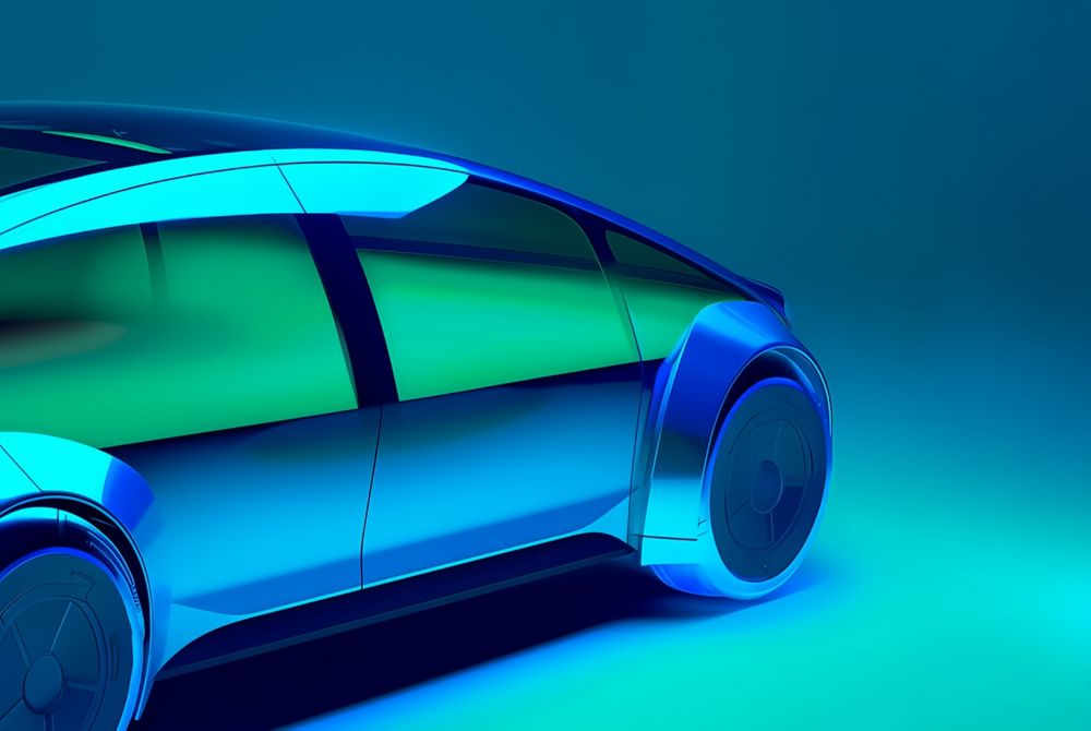 Prototype of an electric vehicle with big glass windows.   