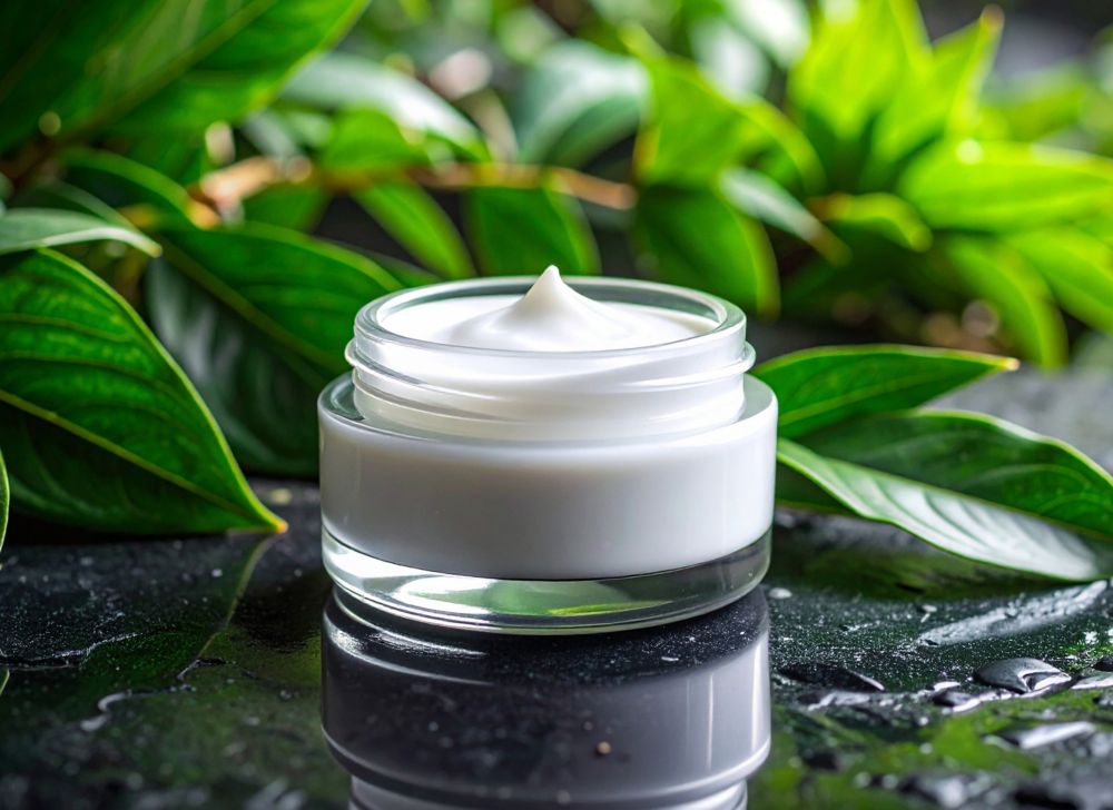 Clear jar made from Eastman Cristal Renew filled with face cream. 