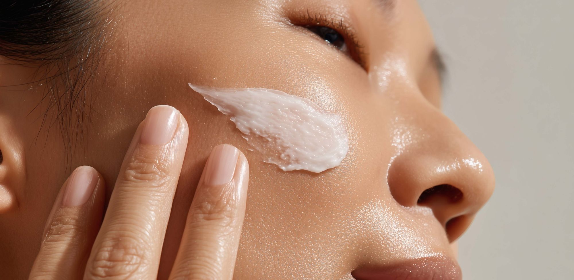 A person applies a cream to their cheek.  