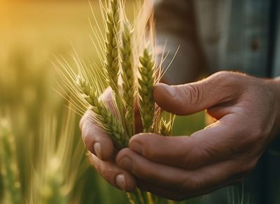 Hands holding wheat grains.