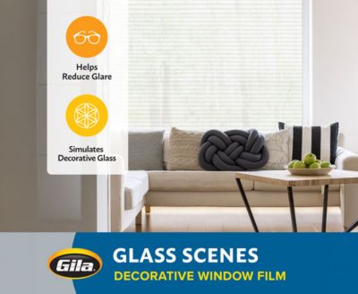 Feature graphic showing how Gila decorative film reduces glare and simulates textured glass.