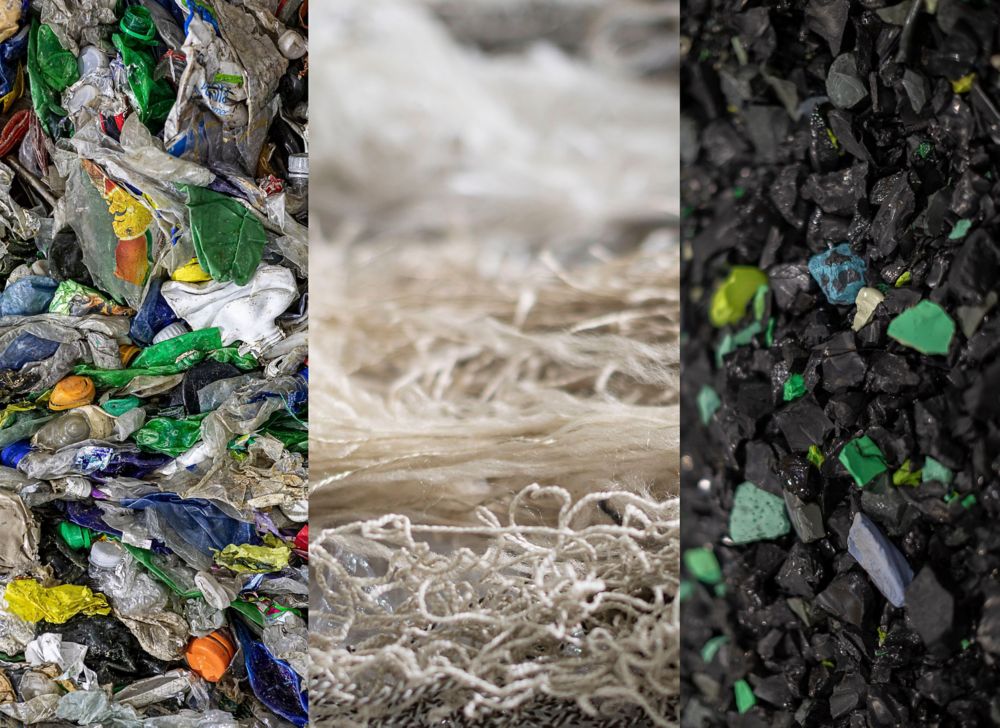 Three varieties of feedstock: Recycled plastic bottles on a conveyor belt, carpet fibers and auto shredder residue. 