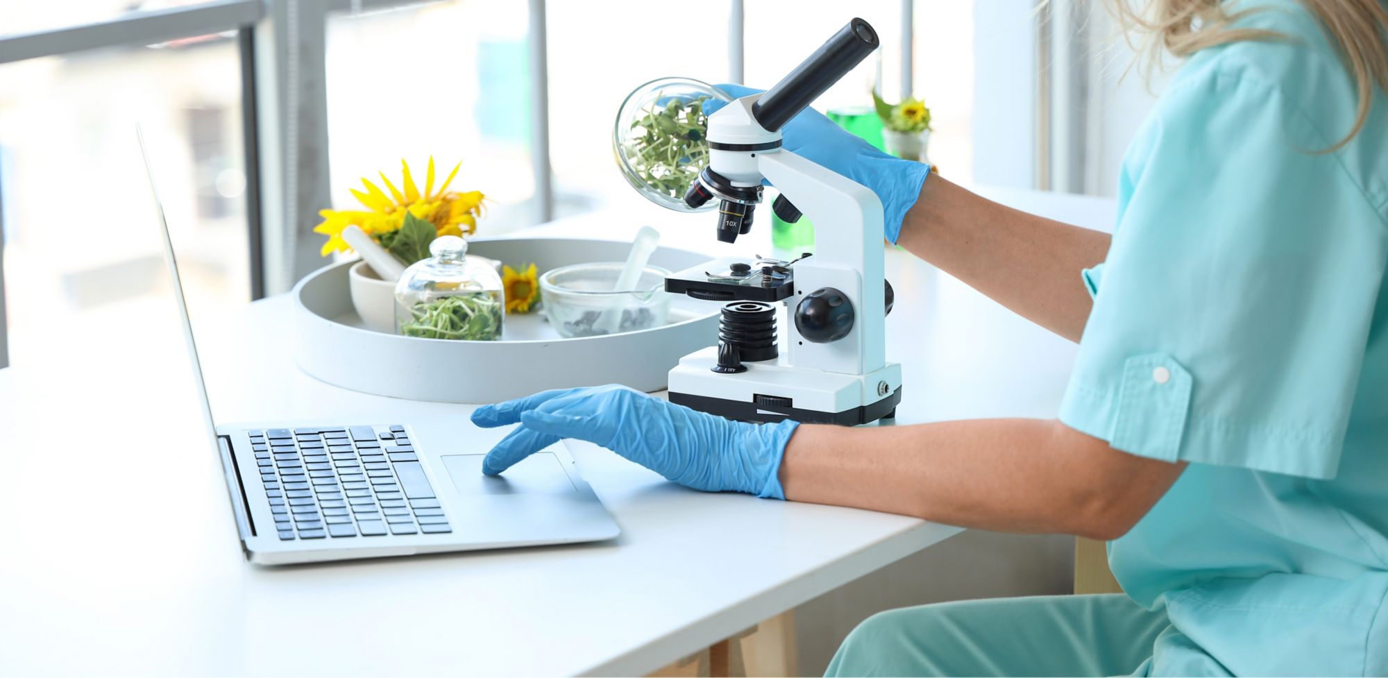 A scientist using a laptop beside a microscope. 
