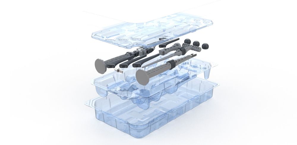 Three layers of custom plastic packaging for the CILLAR Femoral kits for total hip replacements. 