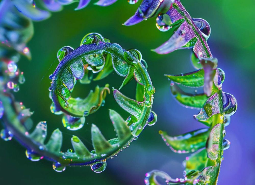 Close-up of curled fern fronds with water droplets, showing vivid green, purple, and blue hues. 