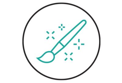 Icon of a paint brush with sparkles around it.  