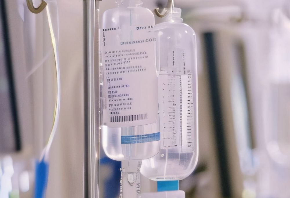 Two plastic hanging infusion bottles filled with saline. 