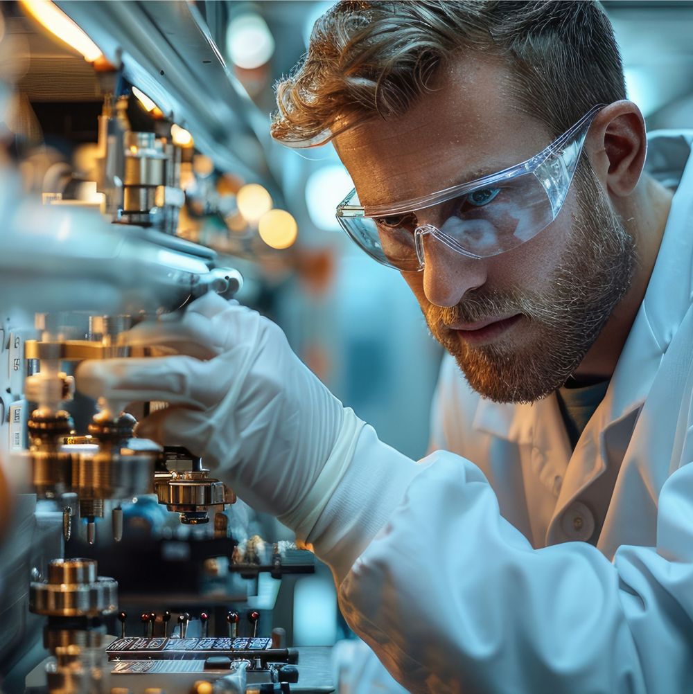 A scientist in personal protective equipment analyzes heat transfer fluid samples. 