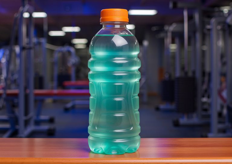 A clear plastic bottle is filled with blue sports drink. 