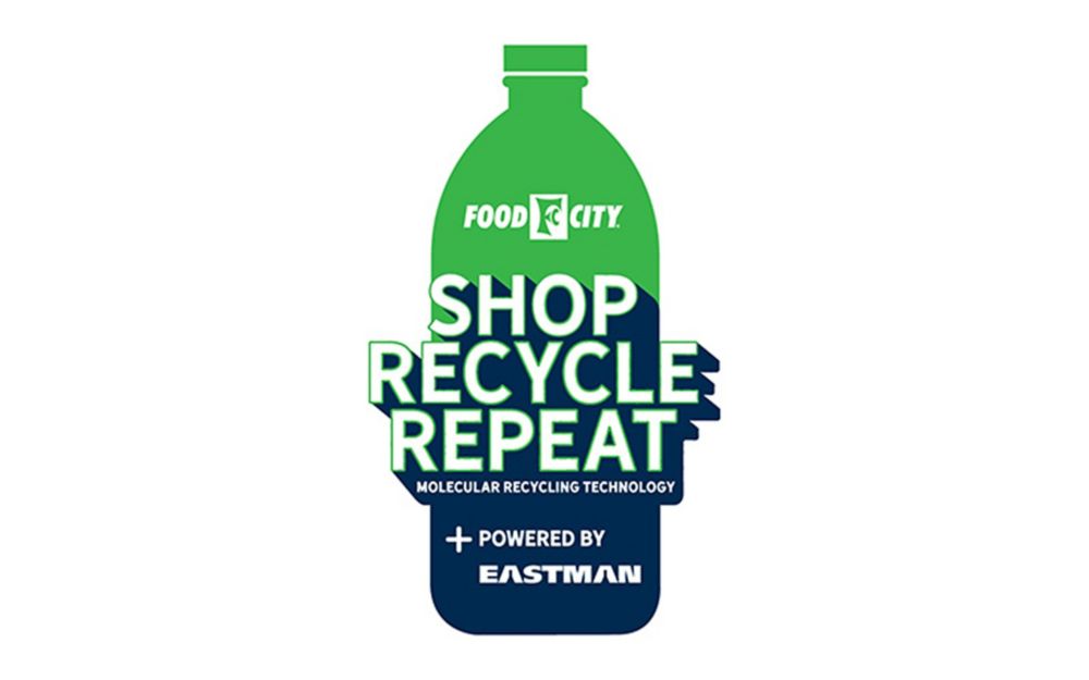 A Food City and Eastman logo of a bottle with the message Shop Recycle Repeat logo. 