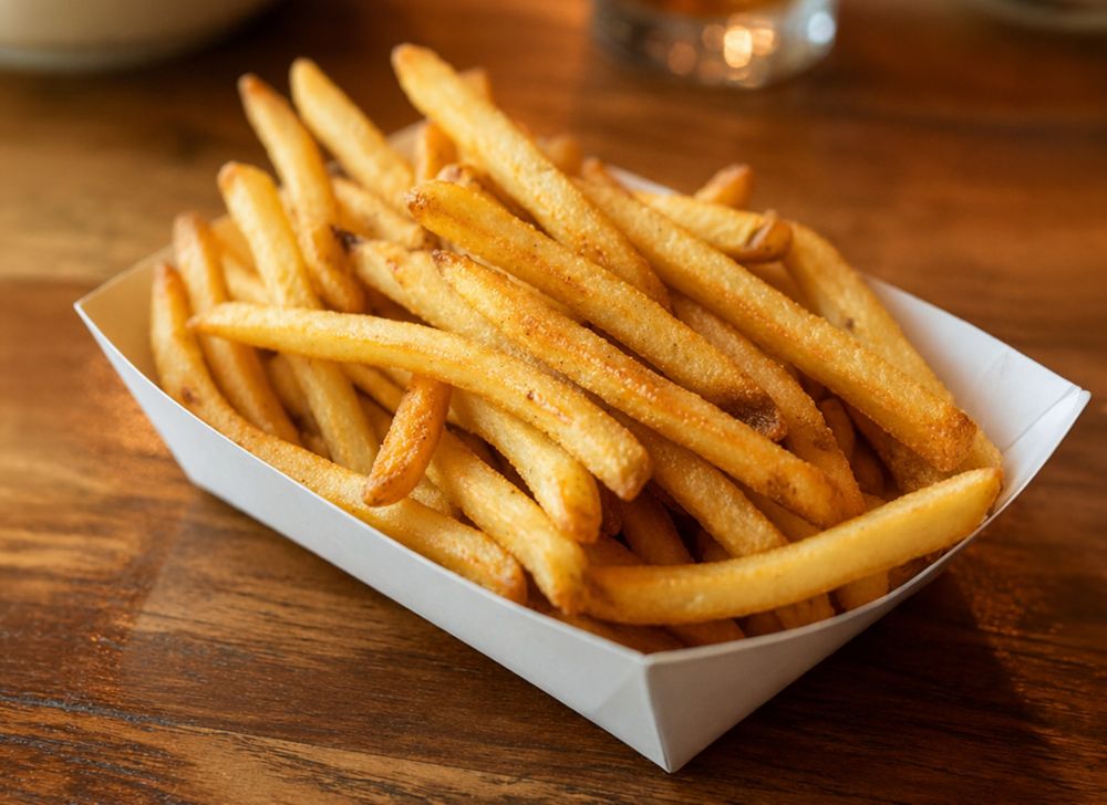 French fries served in a white paper food tray. 