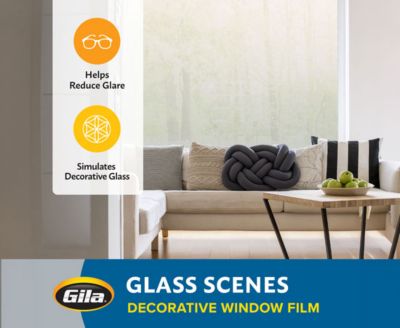Feature graphic showing how Gila decorative film reduces glare and simulates textured glass.