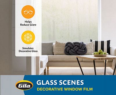 Feature graphic showing how Gila decorative film reduces glare and simulates textured glass.
