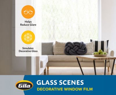 Feature graphic showing how Gila decorative film reduces glare and simulates textured glass.