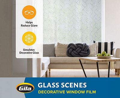 Feature graphic showing how Gila decorative film reduces glare and simulates textured glass.